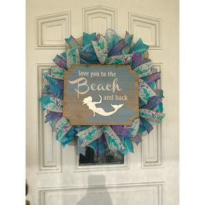 Mermaid Wreath, Welcome to the Beach Mesh Ribbon Wreath Door Hanger Home Decor
